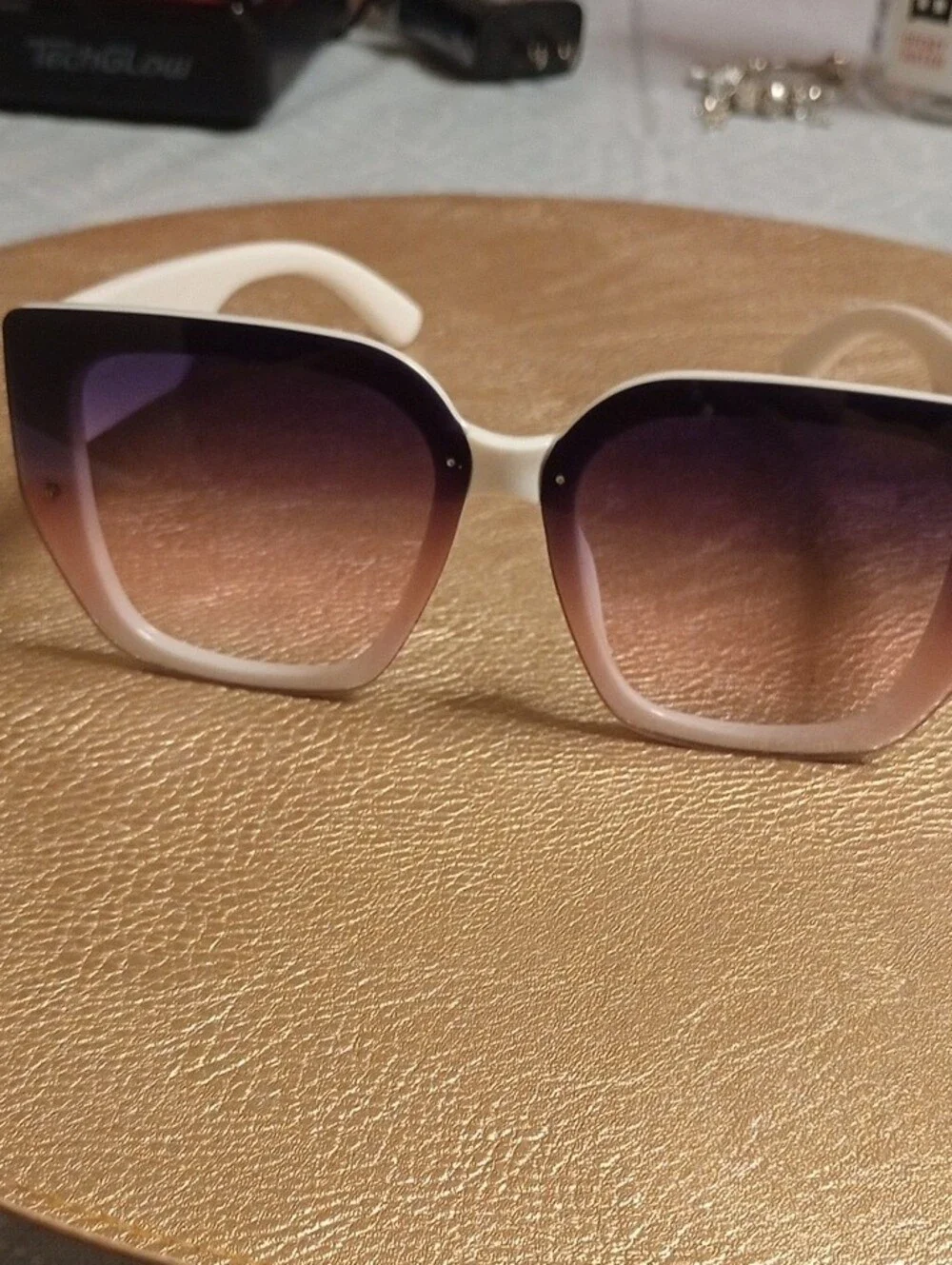 Women's White Frame Sunglasses with Purple , Pink Tint. Green, Red Stripe Lenses